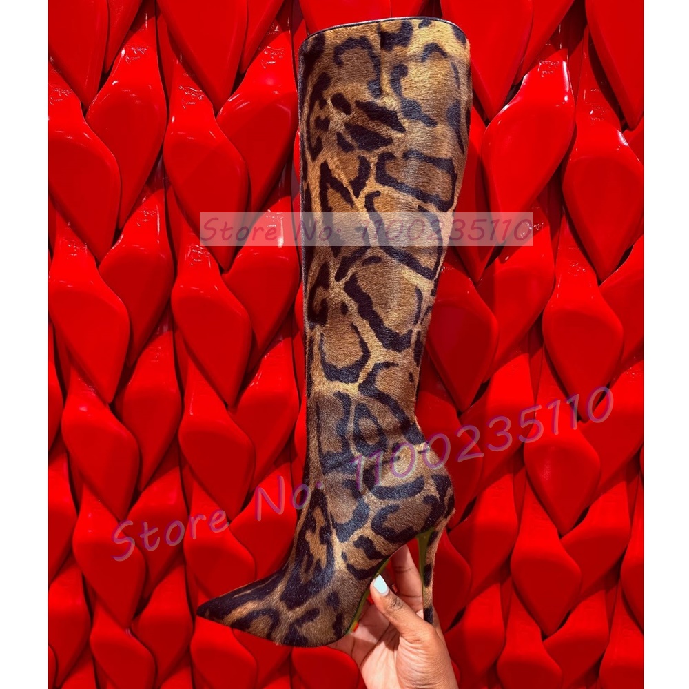 Women'S Fashion Knee High Boots - Leopard Print Faux Horsehair Knee High