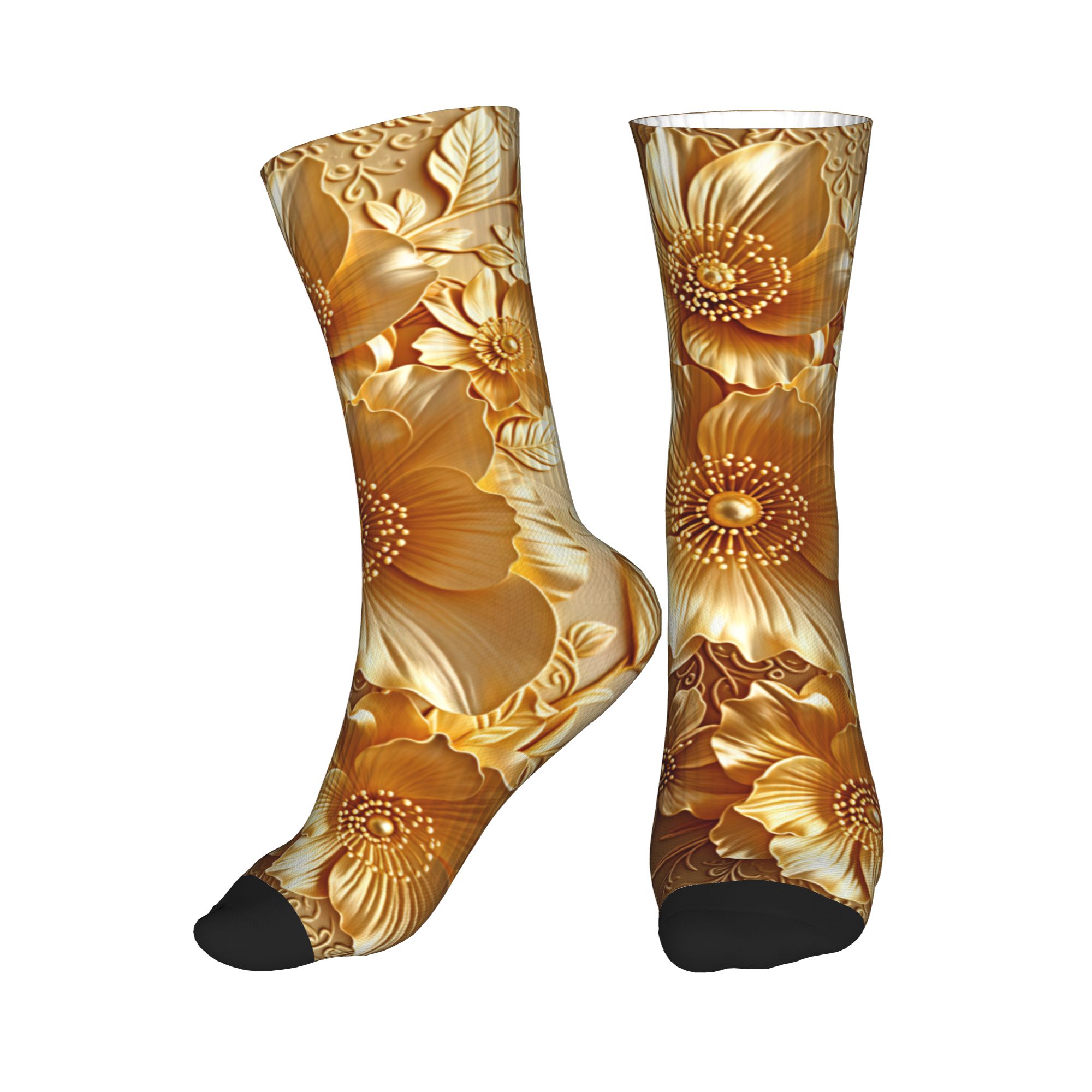 Women'S Fashion Socks - 3D Embossed Golden Floral Seamless Print