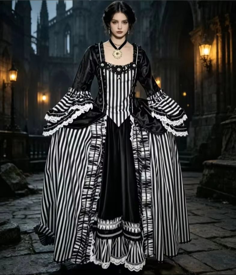 Women Fashion Gown - 1700s Rococo Black And White Striped