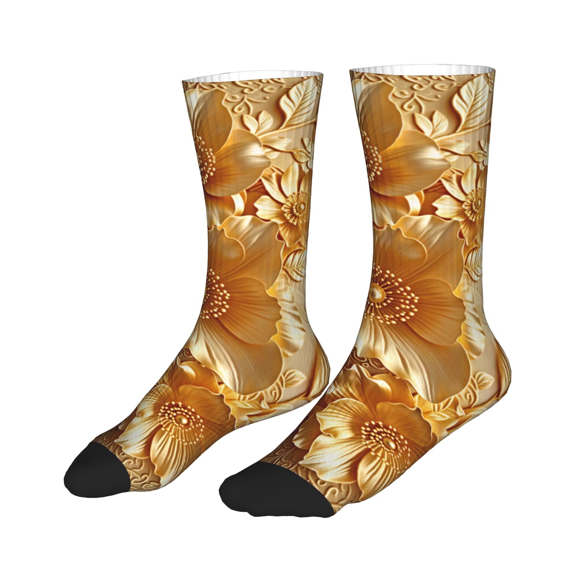 3D Embossed Golden Floral Seam - Women'S Fashion Socks ulasan dan harga