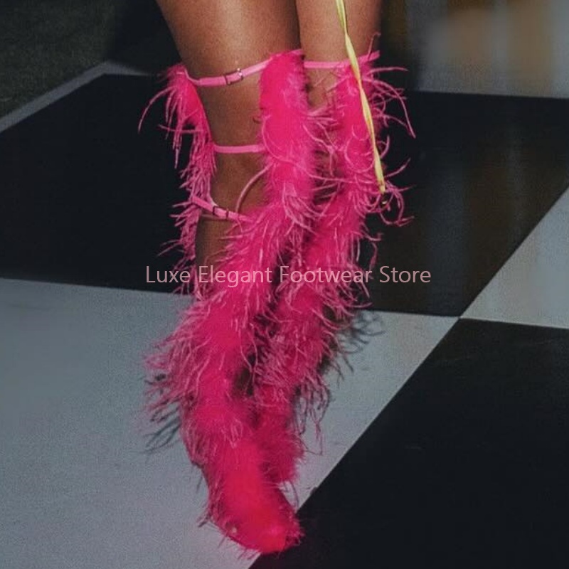 Pink Feather Strappy Hollow Bu - Women'S Fashion Knee High Boots ulasan dan harga
