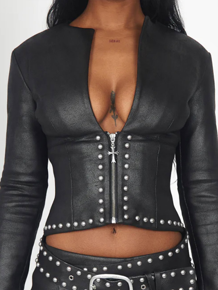 Fashion Rivet Decor Pu Leather - Women'S Fashion Leather Jacket ulasan dan harga