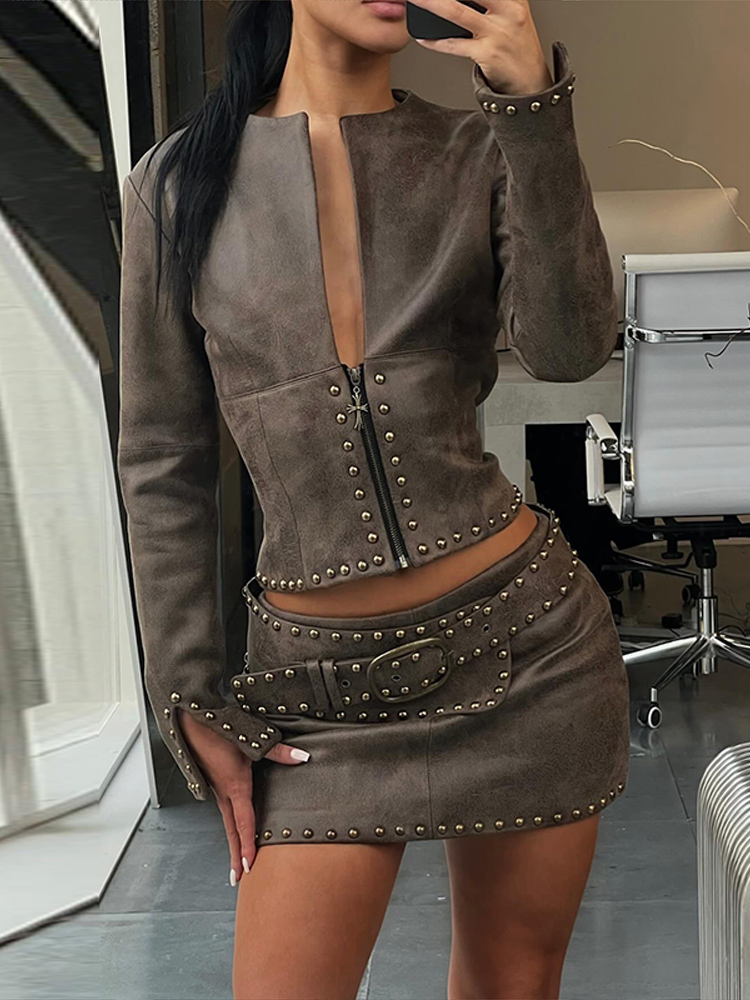 Fashion Rivet Decor Pu Leather - Women'S Fashion Leather Jacket ulasan dan harga
