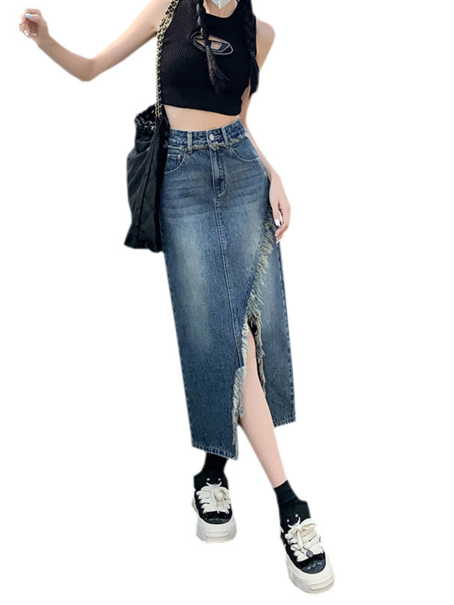 Women's High Waist Denim Skirt - A-Line Skirt Midi ulasan dan harga