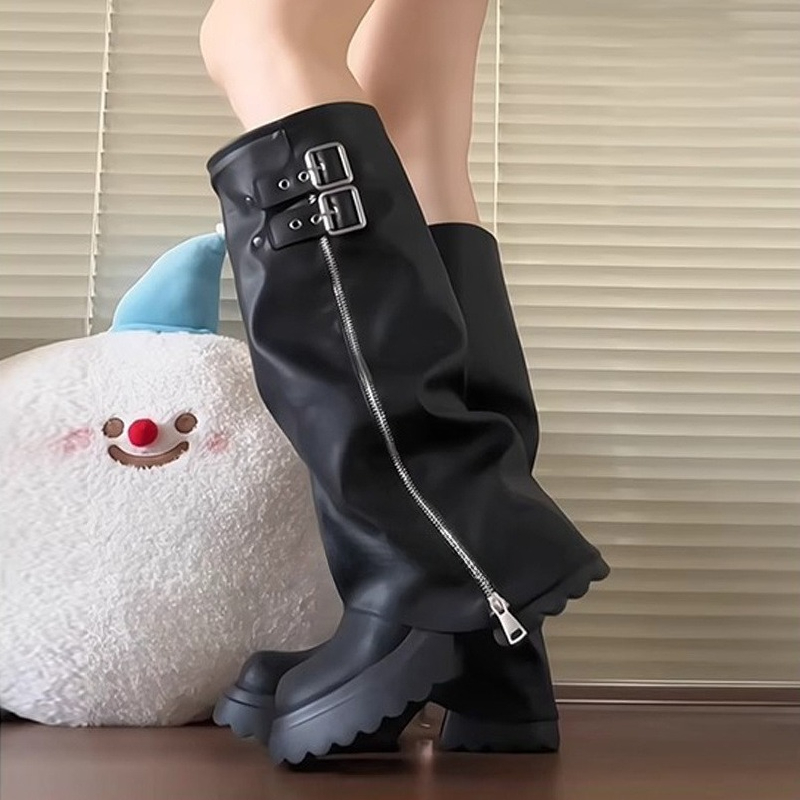 Punk Style Splicing Thick Bott - Women'S Fashion Knee High Boots ulasan dan harga