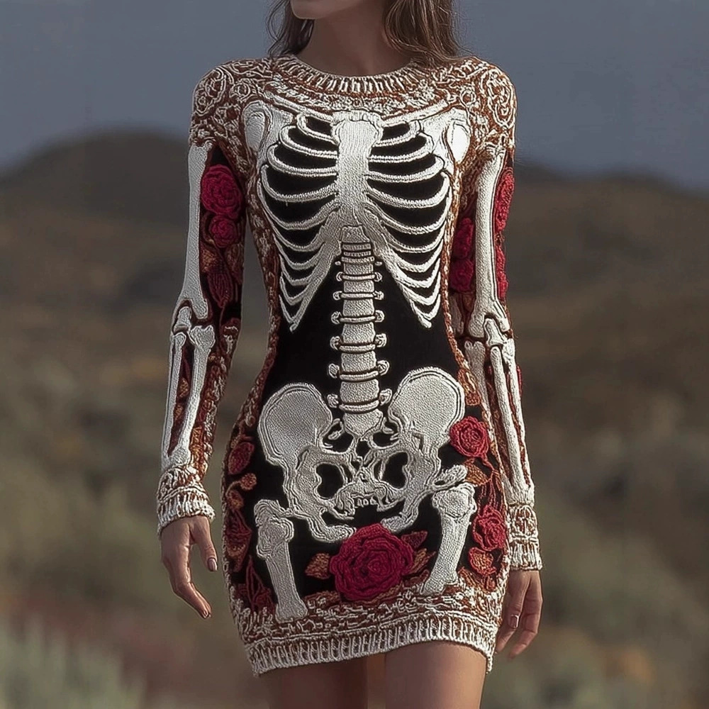 Spooky Gothic Skull Round Neck - Bodycon Dress Women ulasan dan harga